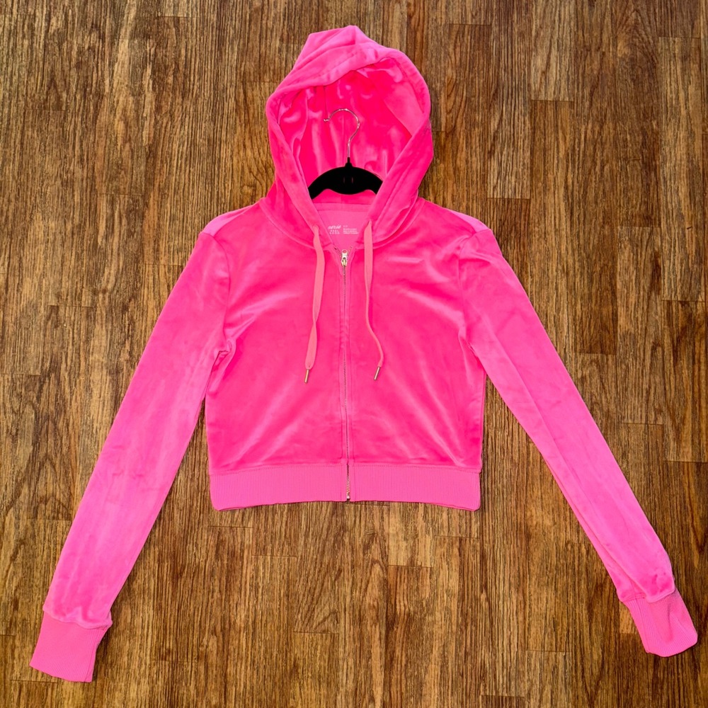 Aerie Hoodie Zip Velour Hot Pink Cropped Y2K Juicy Style Size Small Casual
